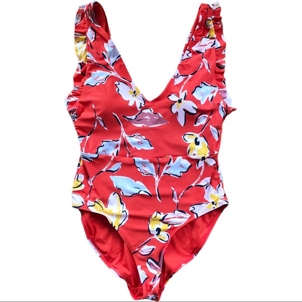 Sold -CATALINA Ruffled Orange Floral One Piece Swimsuit M